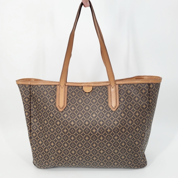 Fossil Handbags - Fossil Genuine Leather Tote Bag Printed Brown Tan